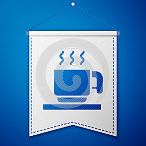 Blue Hot chocolate cup with marshmallows icon isolated on blue background. Merry Christmas and Happy New Year. White