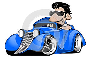 Blue Hot Rod with Man Cartoon Illustration