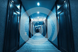 Blue hotel corridor