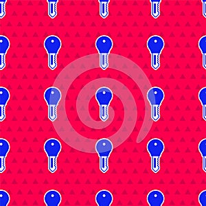 Blue Hotel door lock key icon isolated seamless pattern on red background. Vector