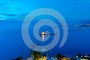 Blue hour of Bourtzi castle at Nafplio in Greece.