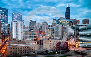 Blue Hour Evening Cityscape in Chicago West Loop, USA. Long exposure, Nightscape architecture