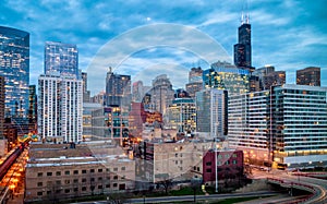 Blue Hour Evening Cityscape in Chicago West Loop, USA. Long exposure, Nightscape architecture photo