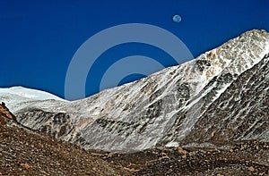 Blue hour  - Full moon  over the mountains of the Andes