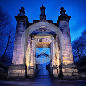 Blue Hour at Historic Monument with Grand Gates and Stone Walls