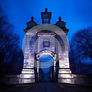 Blue Hour at Historic Monument with Grand Gates and Stone Walls