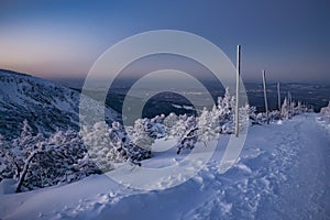 blue hour in the karkonosze mountains. view of the jeleniogorska valley