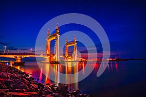 Blue hour with lighted bridge photo