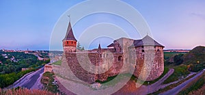 The blue hour panorama of Kamianets-Podilskyi Castle, Ukraine