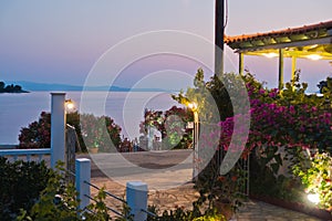 Blue hour at Panormos bay, shoot from the house in front of Panormos beach, island of Skopelos