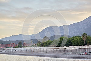 Blue hour photography. Sunset at beautiful Mediterranean sea and mountains. Beutiful natural background