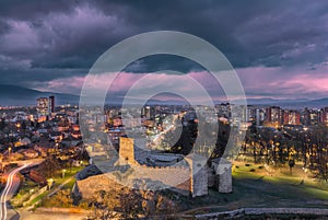 Blue hour Pirot cityscape and a foreground fortress