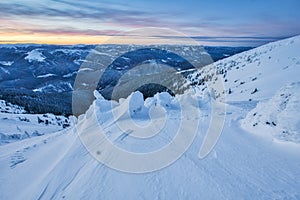 Blue hour from Prasiva mountain in Low Tatras during winter