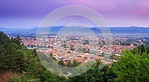 Blue hour sky over Pirot city and green foreground trees