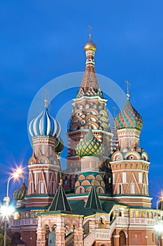 Blue hour sunset view of St. Basil Cathedral in Moscow Red Square. World famous Russian Moscow landmark. Tourism and travel concep