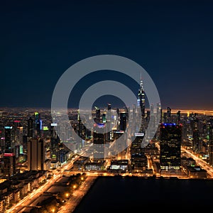 During blue hour, there is a long exposure of the city skyline.