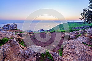 Blue hour view of the Sea of Galilee, Mount Arbel