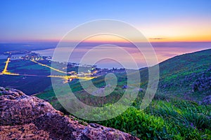 Blue hour view of the Sea of Galilee, Mount Arbel