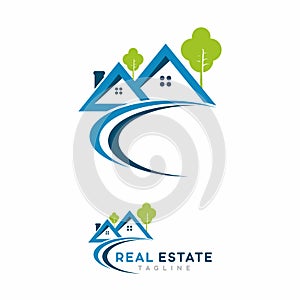 Blue house with 2 small green tree real estate template logo