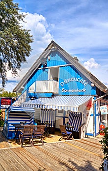 Blue house on the Baltic Sea. Restaurant on the promenade in Ãœckeritz