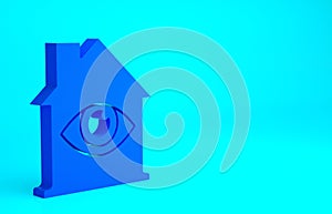 Blue House with eye scan icon isolated on blue background. Scanning eye. Security check symbol. Cyber eye sign