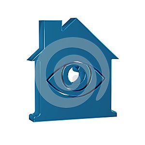 Blue House with eye scan icon isolated on transparent background. Scanning eye. Security check symbol. Cyber eye sign.