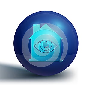 Blue House with eye scan icon isolated on white background. Scanning eye. Security check symbol. Cyber eye sign. Blue