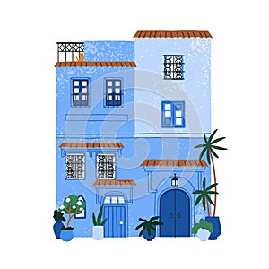 Blue house facade. Old Morocco architecture. Moroccan traditional building exterior. Cozy residential home construction