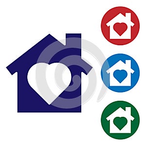 Blue House with heart inside icon isolated on white background. Love home symbol. Family, real estate and realty. Set