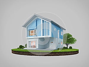 Blue house on land in modern style.3d rendering