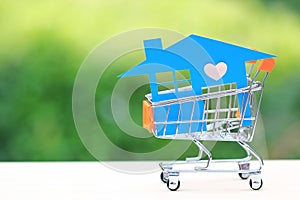 Blue house model on mini shopping cart on natural green background, Business investment and Real estate concept