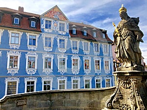 Blue House of Old Town Bamberg and Statue of Kunigunde