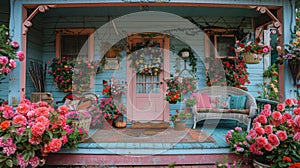 Blue House With Pink Door Surrounded by Flowers