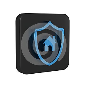 Blue House with shield icon isolated on transparent background. Insurance concept. Security, safety, protection, protect