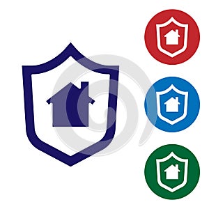 Blue House with shield icon isolated on white background. Insurance concept. Security, safety, protection, protect