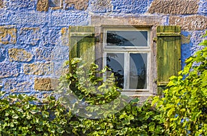 Blue house wall with window and vines