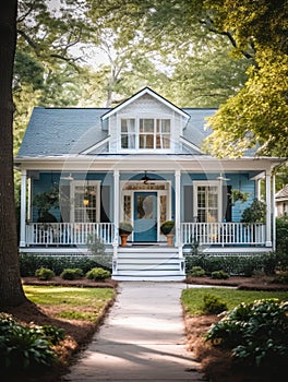 Blue house with white shutters and porch. A potted plant is placed on front steps of home, adding to its charm and