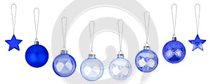 Blue Ð¡hristmas tree decorations set on white background isolated close up, glass balls & metal stars hanging on thread collection