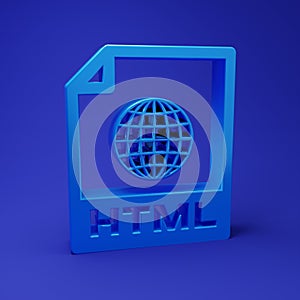 Blue HTML file document. Download html button icon isolated on blue background. HTML file symbol. Markup language symbol