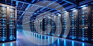 Blue Hues of a Server Room, 3D Rendering, Technology, Data Center, Network