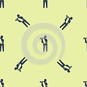 Blue Human broken arm icon isolated seamless pattern on yellow background. Injured man in bandage. Vector