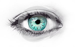 Blue human eye and clock - Life passing concept