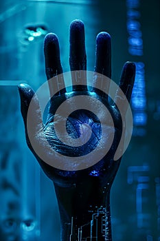 Blue human hand with traces of cybernetic patterns on a blue background, front view of technological blue hand palm.