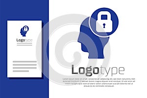 Blue Human head with lock icon isolated on white background. Logo design template element. Vector