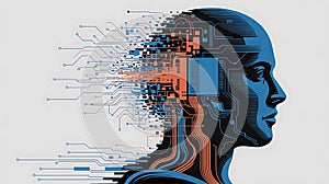 Blue human head profile with digital circuitry and data streams artificial intelligence technology