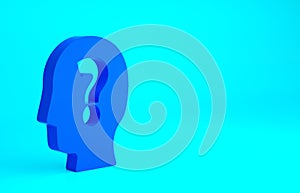 Blue Human head with question mark icon isolated on blue background. Minimalism concept. 3d illustration 3D render