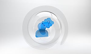 Blue Human head with question mark icon isolated on grey background. Glass circle button. 3D render illustration