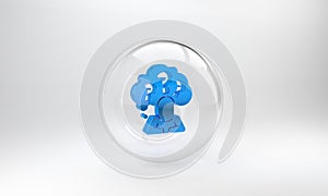Blue Human head with question mark icon isolated on grey background. Glass circle button. 3D render illustration