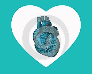 Blue human heart wireframe on heart symbol shape