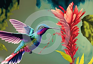 Blue hummingbird flying next to beautiful red flower. Tinny bird fly in jungle. AI generated image.